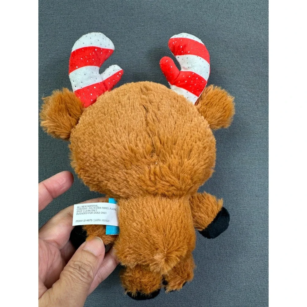 BarkBox Christmas Reindeer Dog Toy Plush Candy Cane Antlers Brown Squeaky 214873